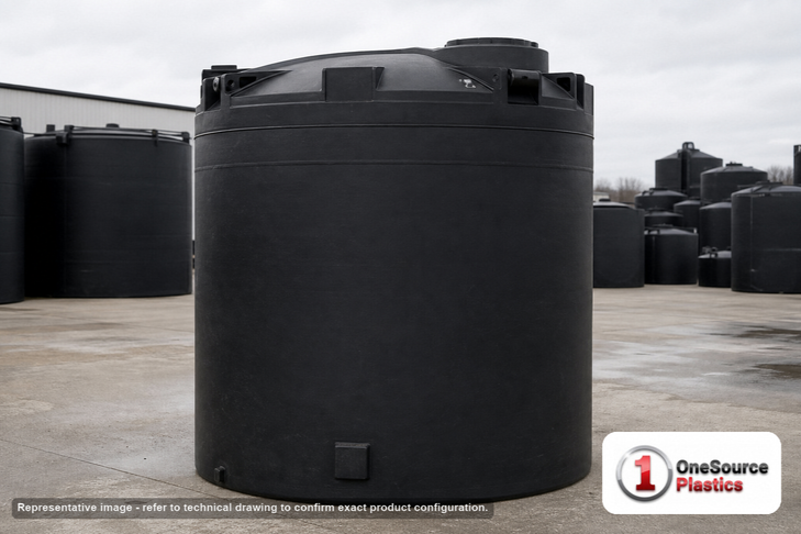 Snyder Industries 6600 Gallon ASTM XLPE Black Vertical Storage Tank. Crosslinked Linear Polyethylene; Black; dimensions 158.0in H x 120.0in W x 120.0in L; 1900.0 lb empty; 1.5 specific gravity rating; fittings: 1 Manway / Lid; max temp 140 deg  F / 60 deg  C; 3 Year Warranty. Manufacturer part number 5300400n46. Manufactured by Snyder. Sold by OneSource Plastics (https://www.onesourceplastics.com).