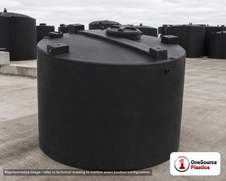 Snyder Industries 6200 Gallon ASTM XLPE Black Vertical Storage Tank. Crosslinked Linear Polyethylene; Black; dimensions 140.0in H x 120.0in W x 120.0in L; 1350.0 lb empty; 1.5 specific gravity rating; fittings: 1 Manway / Lid; max temp 140 deg  F / 60 deg  C; 3 Year Warranty. Manufacturer part number 8220000n46. Manufactured by Snyder. Sold by OneSource Plastics (https://www.onesourceplastics.com).