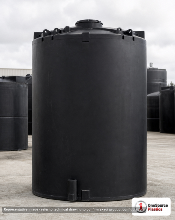 Snyder Industries 6000 Gallon ASTM XLPE Black Heavy Duty Vertical Storage Tank. Crosslinked Linear Polyethylene; Black; dimensions 188.0in H x 102.0in W x 102.0in L; 1800.0 lb empty; 1.9 specific gravity rating; fittings: 1 Manway / Lid; max temp 140 deg  F / 60 deg  C; 3 Year Warranty. Manufacturer part number 7430000n48. Manufactured by Snyder. Sold by OneSource Plastics (https://www.onesourceplastics.com).