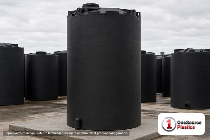 Snyder Industries 6000 Gallon ASTM XLPE Black Vertical Storage Tank. Crosslinked Linear Polyethylene; Black; dimensions 188.0in H x 102.0in W x 102.0in L; 1650.0 lb empty; 1.5 specific gravity rating; fittings: 1 Manway / Lid; max temp 140 deg  F / 60 deg  C; 3 Year Warranty. Manufacturer part number 7430000n46. Manufactured by Snyder. Sold by OneSource Plastics (https://www.onesourceplastics.com).