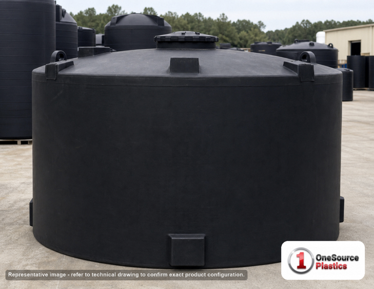 Snyder Industries 5600 Gallon ASTM XLPE Black Heavy Duty Vertical Storage Tank. Crosslinked Linear Polyethylene; Black; dimensions 102.0in H x 142.0in W x 142.0in L; 1350.0 lb empty; 1.9 specific gravity rating; fittings: 1 Manway / Lid; max temp 140 deg  F / 60 deg  C; 3 Year Warranty. Manufacturer part number 5250000n48. Manufactured by Snyder. Sold by OneSource Plastics (https://www.onesourceplastics.com).