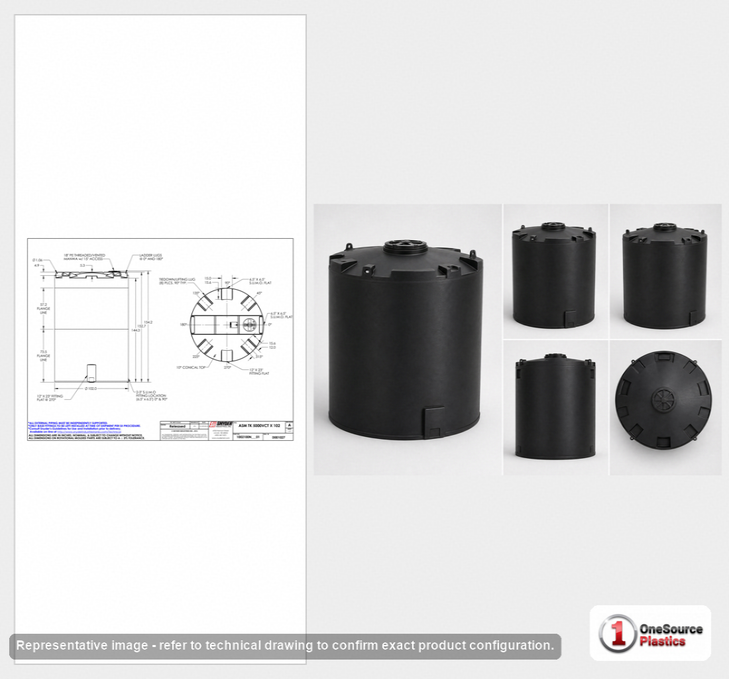 Dimensional spec drawing for Snyder 5000 Gallon Vertical Storage Tank (102" L x 102" W x 154" H)