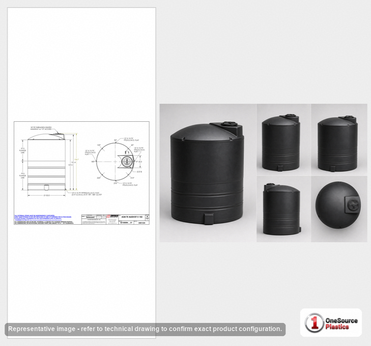 Dimensional spec drawing for Snyder 4650 Gallon Vertical Storage Tank (102" L x 102" W x 154" H)