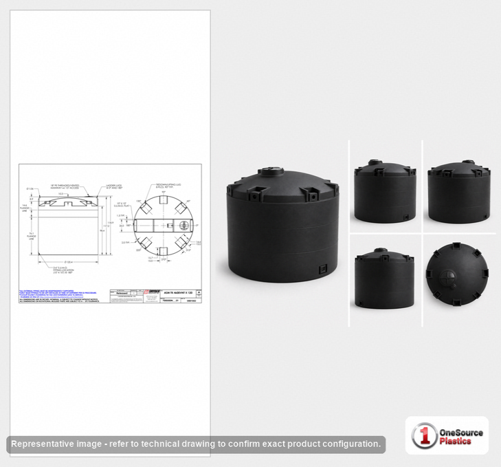 Dimensional spec drawing for Snyder 4600 Gallon Vertical Storage Tank (120" L x 120" W x 116" H)