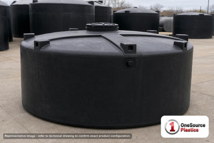 Snyder Industries 4500 Gallon ASTM XLPE Black Vertical Storage Tank. Crosslinked Linear Polyethylene; Black; dimensions 91.0in H x 143.0in W x 143.0in L; 900.0 lb empty; 1.5 specific gravity rating; fittings: 1 Manway / Lid; max temp 140 deg  F / 60 deg  C; 3 Year Warranty. Manufacturer part number 7000400n46. Manufactured by Snyder. Sold by OneSource Plastics (https://www.onesourceplastics.com).