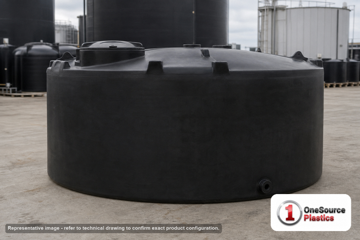 Snyder Industries 4500 Gallon ASTM 1.35 SG Black Vertical Storage Tank. Crosslinked Linear Polyethylene; Black; dimensions 91.0in H x 143.0in W x 143.0in L; 900.0 lb empty; 1.35 specific gravity rating; fittings: 1 Manway / Lid; max temp 140 deg  F / 60 deg  C; 3 Year Warranty. Manufacturer part number 7000400N32. Sold by OneSource Plastics (https://www.onesourceplastics.com).