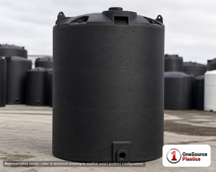 Snyder Industries 4400 Gallon ASTM XLPE Black Heavy Duty Vertical Storage Tank. Crosslinked Linear Polyethylene; Black; dimensions 182.0in H x 90.0in W x 90.0in L; 1450.0 lb empty; 1.9 specific gravity rating; fittings: 1 Manway / Lid; max temp 140 deg  F / 60 deg  C; 3 Year Warranty. Manufacturer part number 5210000n48. Manufactured by Snyder. Sold by OneSource Plastics (https://www.onesourceplastics.com).