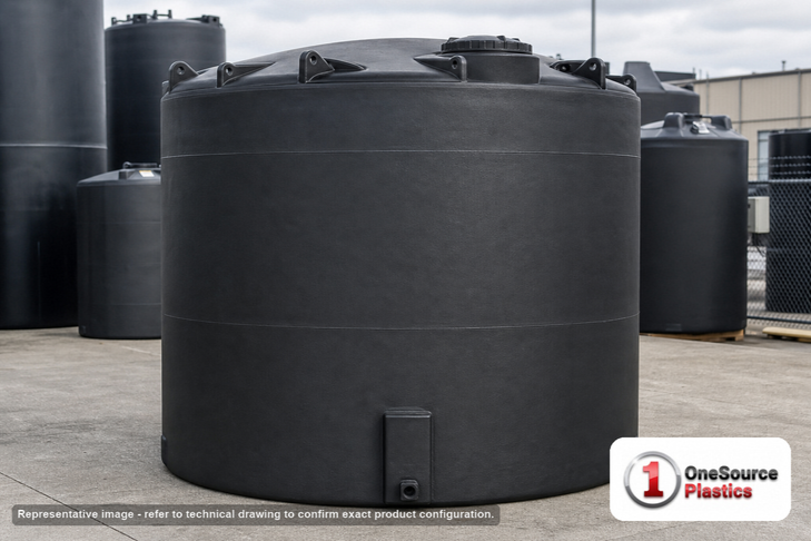 Snyder Industries 4100 Gallon ASTM XLPE Black Heavy Duty Vertical Storage Tank. Crosslinked Linear Polyethylene; Black; dimensions 130.0in H x 102.0in W x 102.0in L; 1100.0 lb empty; 1.9 specific gravity rating; fittings: 1 Manway / Lid; max temp 140 deg  F / 60 deg  C; 3 Year Warranty. Manufacturer part number 7360000n48. Manufactured by Snyder. Sold by OneSource Plastics (https://www.onesourceplastics.com).