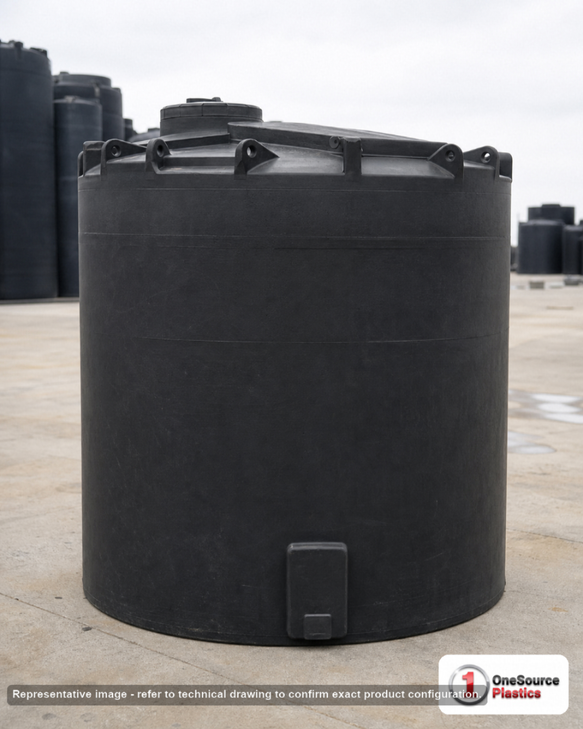 Snyder Industries 4100 Gallon ASTM XLPE Black Vertical Storage Tank. Crosslinked Linear Polyethylene; Black; dimensions 130.0in H x 102.0in W x 102.0in L; 850.0 lb empty; 1.5 specific gravity rating; fittings: 1 Manway / Lid; max temp 140 deg  F / 60 deg  C; 3 Year Warranty. Manufacturer part number 7360000n46. Manufactured by Snyder. Sold by OneSource Plastics (https://www.onesourceplastics.com).