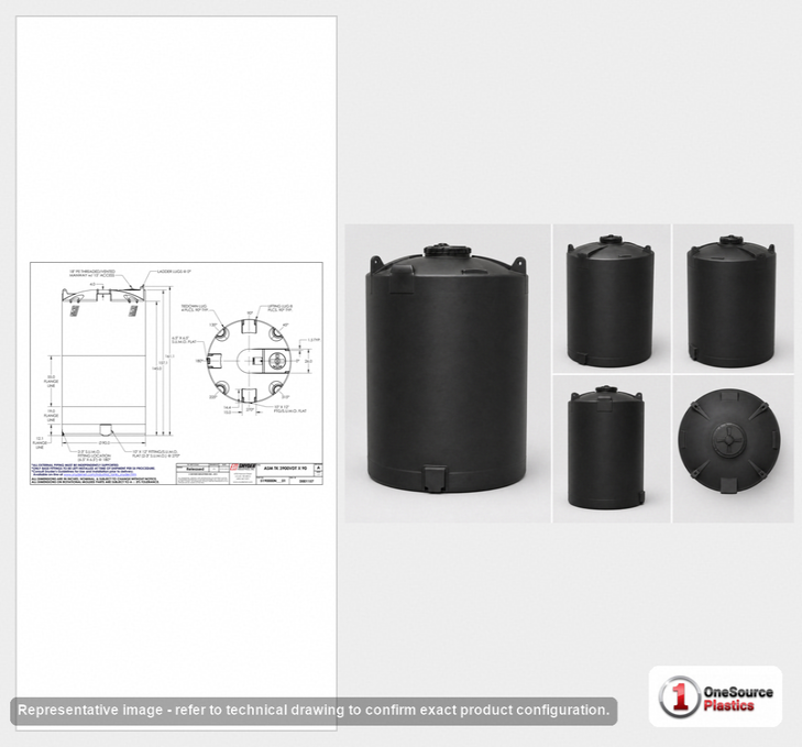 Dimensional spec drawing for Snyder 3900 Gallon Vertical Storage Tank (90" L x 90" W x 163" H)