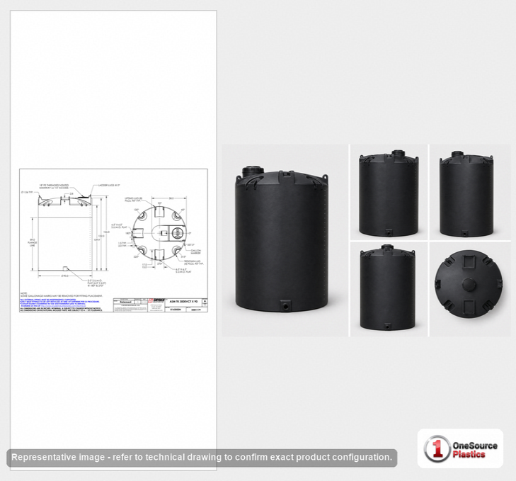 Dimensional spec drawing for Snyder 3000 Gallon Vertical Storage Tank (90" L x 90" W x 127" H)