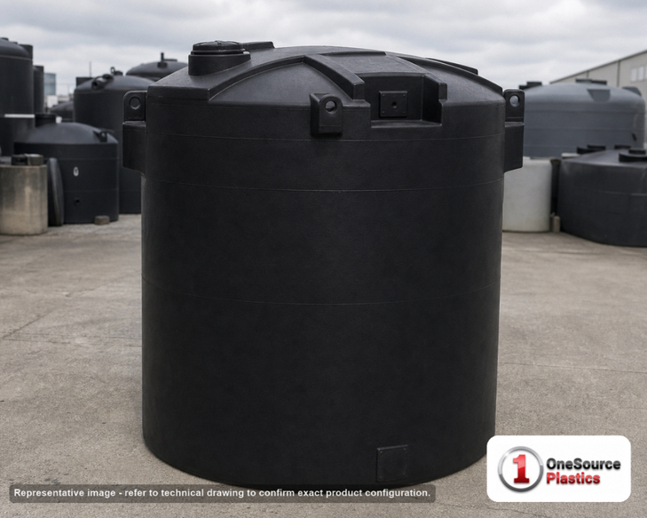 Snyder Industries 3000 Gallon ASTM XLPE Black Vertical Storage Tank. Crosslinked Linear Polyethylene; Black; dimensions 111.0in H x 96.0in W x 96.0in L; 600.0 lb empty; 1.5 specific gravity rating; fittings: 1 Manway / Lid; max temp 140 deg  F / 60 deg  C; 3 Year Warranty. Manufacturer part number 5130300n46. Manufactured by Snyder. Sold by OneSource Plastics (https://www.onesourceplastics.com).