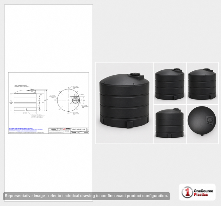 Dimensional spec drawing for Snyder 2650 Gallon Vertical Storage Tank (102" L x 102" W x 97" H)