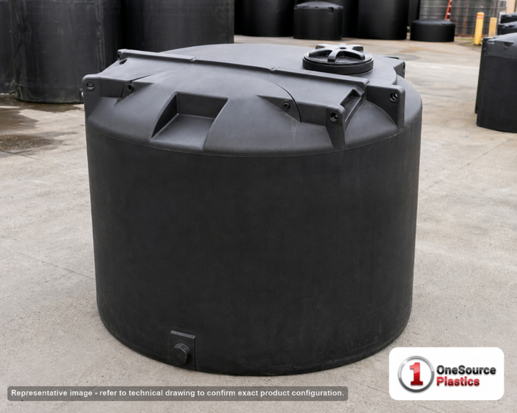 Snyder Industries 2500 Gallon ASTM XLPE Black Heavy Duty Vertical Storage Tank. Crosslinked Linear Polyethylene; Black; dimensions 98.0in H x 96.0in W x 96.0in L; 620.0 lb empty; 1.9 specific gravity rating; fittings: 1 Manway / Lid; max temp 140 deg  F / 60 deg  C; 3 Year Warranty. Manufacturer part number 5090300n48. Manufactured by Snyder. Sold by OneSource Plastics (https://www.onesourceplastics.com).