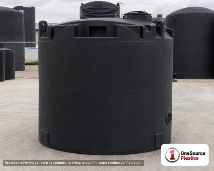 Snyder Industries 2500 Gallon ASTM XLPE Black Vertical Storage Tank. Crosslinked Linear Polyethylene; Black; dimensions 98.0in H x 96.0in W x 96.0in L; 510.0 lb empty; 1.5 specific gravity rating; fittings: 1 Manway / Lid; max temp 140 deg  F / 60 deg  C; 3 Year Warranty. Manufacturer part number 5090300n46. Manufactured by Snyder. Sold by OneSource Plastics (https://www.onesourceplastics.com).