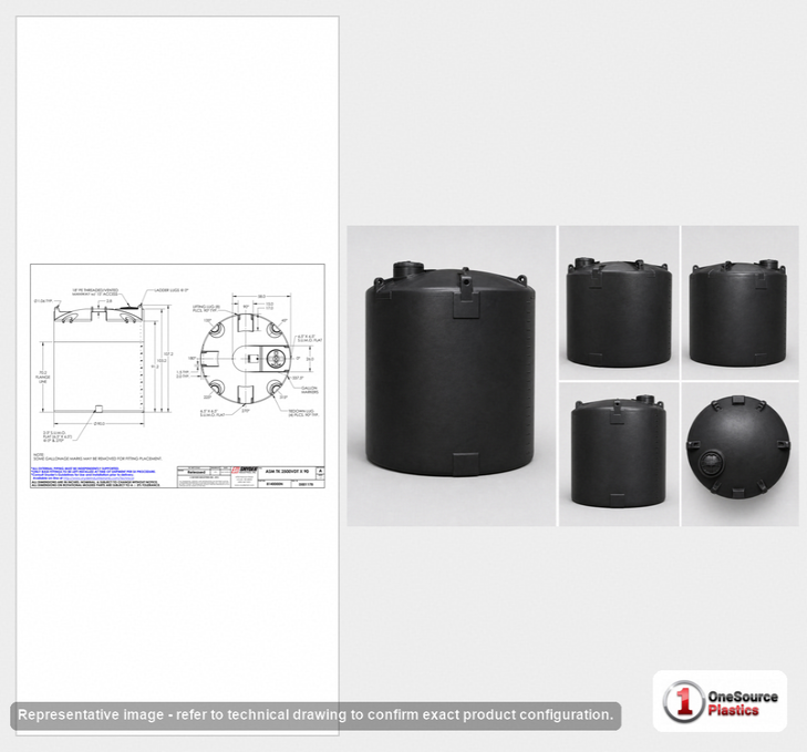 Dimensional spec drawing for Snyder 2500 Gallon Vertical Storage Tank (90" L x 90" W x 107" H)