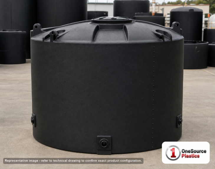 Snyder Industries 2000 Gallon ASTM XLPE Black Heavy Duty Vertical Storage Tank. Crosslinked Linear Polyethylene; Black; dimensions 88.0in H x 90.0in W x 90.0in L; 475.0 lb empty; 1.9 specific gravity rating; fittings: 1 Manway / Lid; max temp 140 deg  F / 60 deg  C; 3 Year Warranty. Manufacturer part number 8130000n48. Manufactured by Snyder. Sold by OneSource Plastics (https://www.onesourceplastics.com).