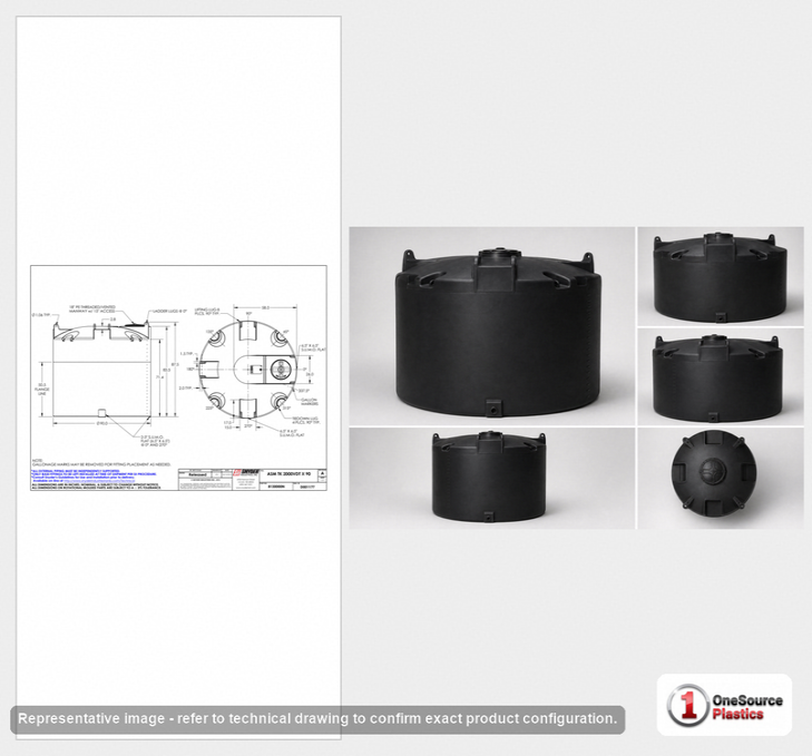 Dimensional spec drawing for Snyder 2000 Gallon Vertical Storage Tank (90" L x 90" W x 88" H)