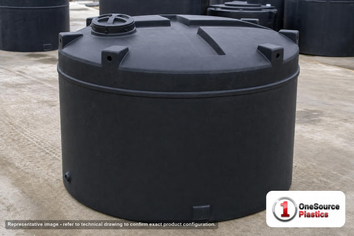 Snyder Industries 2000 Gallon ASTM XLPE Black Heavy Duty Vertical Storage Tank. Crosslinked Linear Polyethylene; Black; dimensions 84.0in H x 96.0in W x 96.0in L; 500.0 lb empty; 1.9 specific gravity rating; fittings: 1 Manway / Lid; max temp 140 deg  F / 60 deg  C; 3 Year Warranty. Manufacturer part number 5050300n48. Manufactured by Snyder. Sold by OneSource Plastics (https://www.onesourceplastics.com).