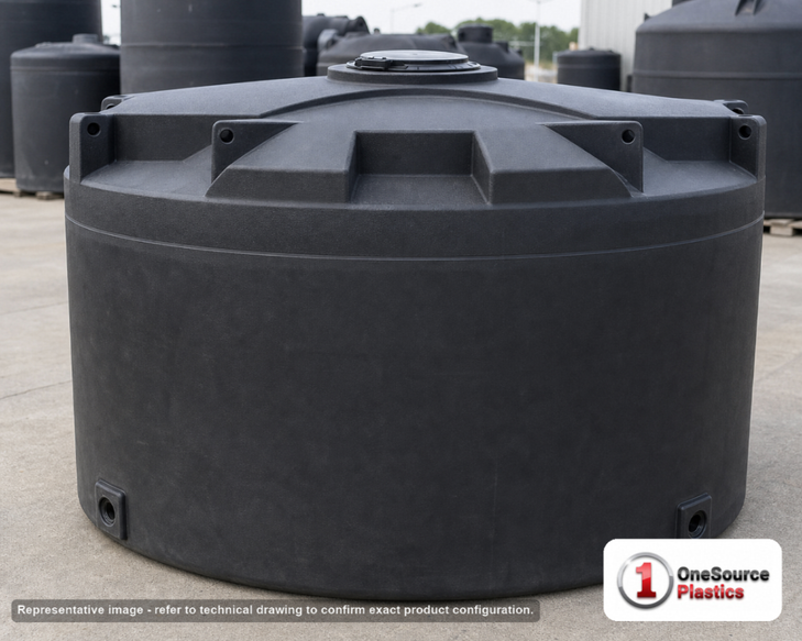 Snyder Industries 2000 Gallon ASTM XLPE Black Vertical Storage Tank. Crosslinked Linear Polyethylene; Black; dimensions 84.0in H x 96.0in W x 96.0in L; 420.0 lb empty; 1.5 specific gravity rating; fittings: 1 Manway / Lid; max temp 140 deg  F / 60 deg  C; 3 Year Warranty. Manufacturer part number 5050300n46. Manufactured by Snyder. Sold by OneSource Plastics (https://www.onesourceplastics.com).
