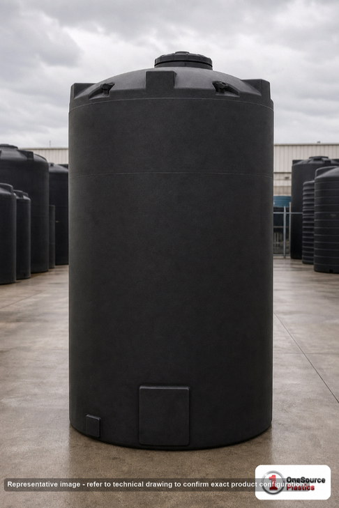 Snyder Industries 1900 Gallon ASTM XLPE Black Heavy Duty Vertical Storage Tank. Crosslinked Linear Polyethylene; Black; dimensions 147.0in H x 64.0in W x 64.0in L; 510.0 lb empty; 1.9 specific gravity rating; fittings: 1 Manway / Lid; max temp 140 deg  F / 60 deg  C; 3 Year Warranty. Manufacturer part number 8300000n48. Manufactured by Snyder. Sold by OneSource Plastics (https://www.onesourceplastics.com).