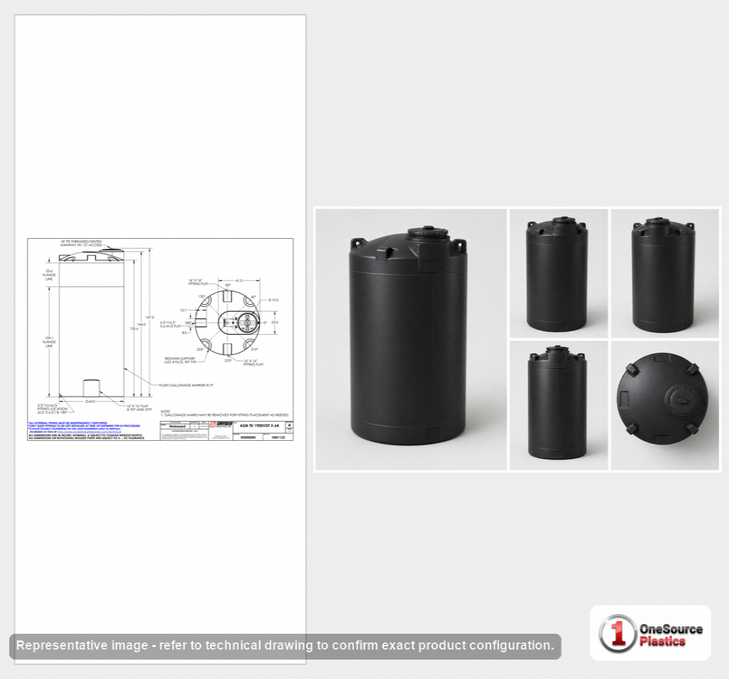 Dimensional spec drawing for Snyder 1900 Gallon Vertical Storage Tank (64" L x 64" W x 147" H)
