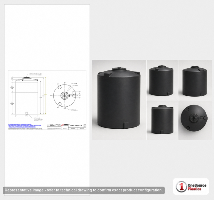 Dimensional spec drawing for Snyder 1900 Gallon Vertical Storage Tank (72" L x 72" W x 119" H)