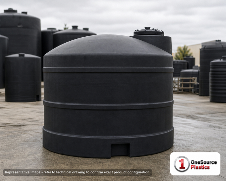 Snyder Industries 1500 Gallon ASTM XLPE Black Heavy Duty Vertical Storage Tank. Crosslinked Linear Polyethylene; Black; dimensions 72.0in H x 86.0in W x 86.0in L; 270.0 lb empty; 1.9 specific gravity rating; fittings: 1 Manway / Lid; max temp 140 deg  F / 60 deg  C; 3 Year Warranty. Manufacturer part number 8120100n48. Sold by OneSource Plastics (https://www.onesourceplastics.com).