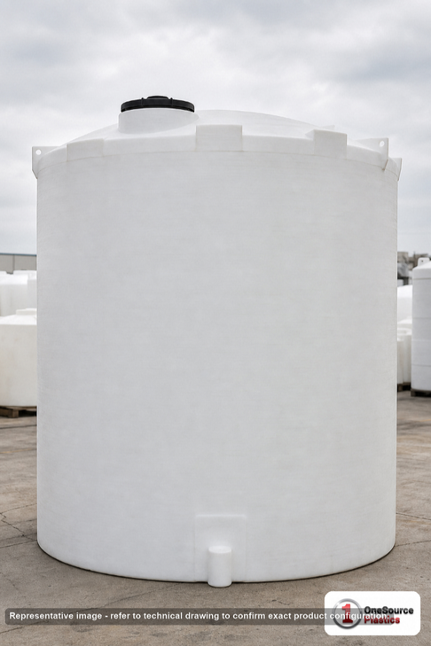 Snyder Industries 16500 Gallon XLPE Heavy Duty Vertical Storage Tank. Crosslinked Linear Polyethylene; Natural White; dimensions 257.0in H x 142.0in W x 142.0in L; 5600.0 lb empty; 1.9 specific gravity rating; fittings: 1 Manway / Lid; max temp 140 deg  F / 60 deg  C; 3 Year Warranty. Manufacturer part number 5380000n42. Manufactured by Snyder. Sold by OneSource Plastics (https://www.onesourceplastics.com).