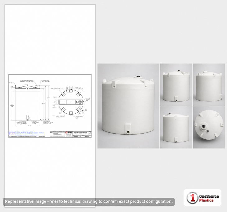 Dimensional spec drawing for Snyder 12500 Gallon Vertical Storage Tank (142" L x 142" W x 198" H)