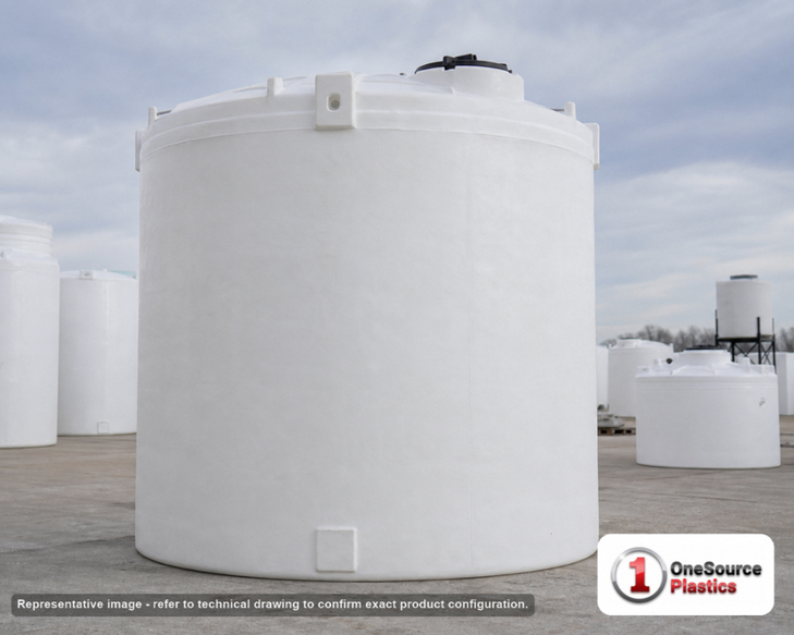 Snyder Industries 10500 Gallon ASTM 1.35 SG Vertical Storage Tank. Crosslinked Linear Polyethylene; Natural White; dimensions 179.0in H x 143.0in W x 143.0in L; 2500.0 lb empty; 1.35 specific gravity rating; fittings: 1 Manway / Lid; max temp 140 deg  F / 60 deg  C; 3 Year Warranty. Manufacturer part number 5330300n29. Manufactured by Snyder. Sold by OneSource Plastics (https://www.onesourceplastics.com).