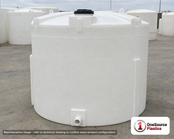 Snyder Industries 8750 Gallon ASTM XLPE Vertical Storage Tank. Crosslinked Linear Polyethylene; Natural White; dimensions 146.0in H x 142.0in W x 142.0in L; 2000.0 lb empty; 1.5 specific gravity rating; fittings: 1 Manway / Lid; max temp 140 deg  F / 60 deg  C; 3 Year Warranty. Manufacturer part number 5360100n40. Manufactured by Snyder. Sold by OneSource Plastics (https://www.onesourceplastics.com).