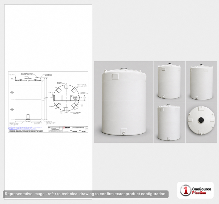 Dimensional spec drawing for Snyder 8500 Gallon Vertical Storage Tank (120" L x 120" W x 194" H)