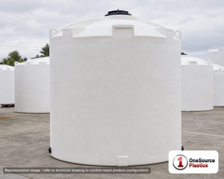 Snyder Industries 8000 Gallon ASTM XLPE Vertical Storage Tank. Crosslinked Linear Polyethylene; Natural White; dimensions 186.0in H x 120.0in W x 120.0in L; 1900.0 lb empty; 1.5 specific gravity rating; fittings: 1 Manway / Lid; max temp 140 deg  F / 60 deg  C; 3 Year Warranty. Manufacturer part number 5300600n40. Manufactured by Snyder. Sold by OneSource Plastics (https://www.onesourceplastics.com).