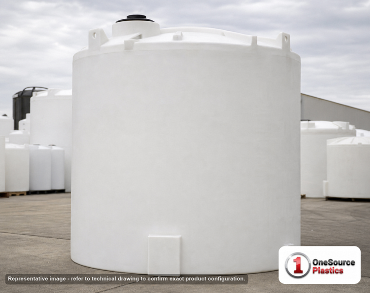 Snyder Industries 6000 Gallon ASTM XLPE Vertical Storage Tank. Crosslinked Linear Polyethylene; Natural White; dimensions 145.0in H x 120.0in W x 120.0in L; 1500.0 lb empty; 1.5 specific gravity rating; fittings: 1 Manway / Lid; max temp 140 deg  F / 60 deg  C; 3 Year Warranty. Manufacturer part number 7140300n40. Manufactured by Snyder. Sold by OneSource Plastics (https://www.onesourceplastics.com).