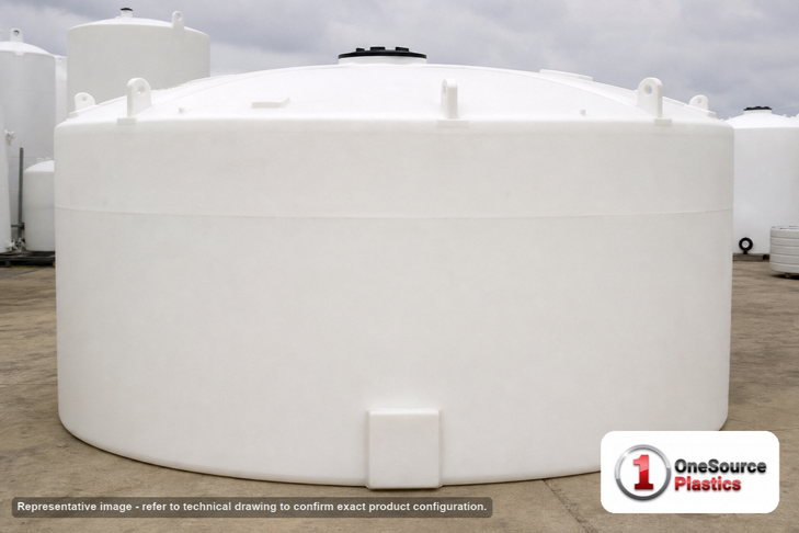 Snyder Industries 5600 Gallon ASTM XLPE Heavy Duty Vertical Storage Tank. Crosslinked Linear Polyethylene; Natural White; dimensions 102.0in H x 142.0in W x 142.0in L; 1350.0 lb empty; 1.9 specific gravity rating; fittings: 1 Manway / Lid; max temp 140 deg  F / 60 deg  C; 3 Year Warranty. Manufacturer part number 5250000n42. Manufactured by Snyder. Sold by OneSource Plastics (https://www.onesourceplastics.com).