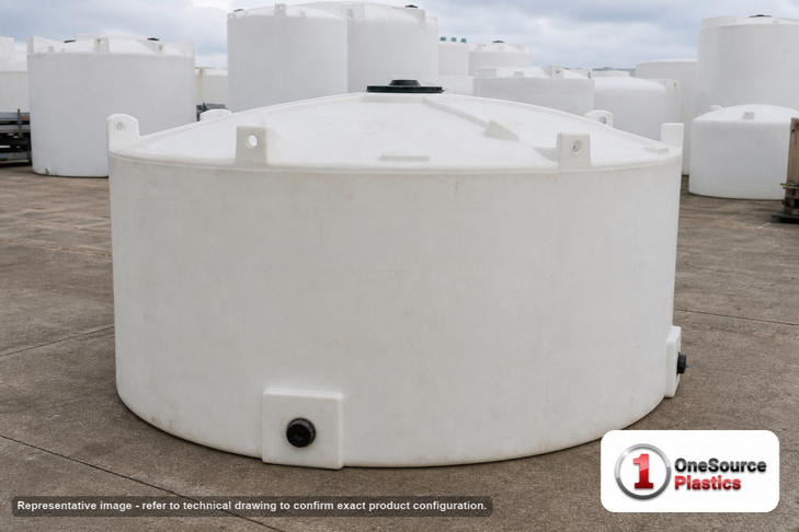 Snyder Industries 5600 Gallon ASTM XLPE Vertical Storage Tank. Crosslinked Linear Polyethylene; Natural White; dimensions 102.0in H x 142.0in W x 142.0in L; 1150.0 lb empty; 1.5 specific gravity rating; fittings: 1 Manway / Lid; max temp 140 deg  F / 60 deg  C; 3 Year Warranty. Manufacturer part number 5250000n40. Manufactured by Snyder. Sold by OneSource Plastics (https://www.onesourceplastics.com).