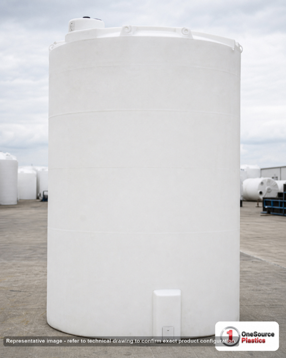 Snyder Industries 5000 Gallon ASTM XLPE Vertical Storage Tank. Crosslinked Linear Polyethylene; Natural White; dimensions 154.0in H x 102.0in W x 102.0in L; 950.0 lb empty; 1.5 specific gravity rating; fittings: 1 Manway / Lid; max temp 140 deg  F / 60 deg  C; 3 Year Warranty. Manufacturer part number 1002100n40. Manufactured by Snyder. Sold by OneSource Plastics (https://www.onesourceplastics.com).
