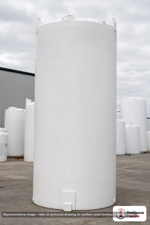 Snyder Industries 4900 Gallon ASTM XLPE Vertical Storage Tank. Crosslinked Linear Polyethylene; Natural White; dimensions 202.0in H x 90.0in W x 90.0in L; 1450.0 lb empty; 1.5 specific gravity rating; fittings: 1 Manway / Lid; max temp 140 deg  F / 60 deg  C; 3 Year Warranty. Manufacturer part number 5480000n40. Manufactured by Snyder. Sold by OneSource Plastics (https://www.onesourceplastics.com).
