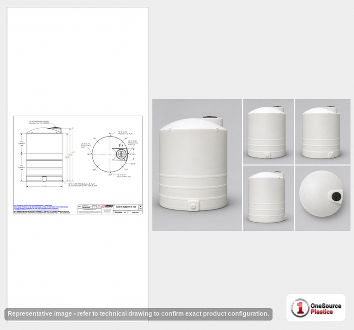 Dimensional spec drawing for Snyder 4650 Gallon Vertical Storage Tank (102" L x 102" W x 154" H)