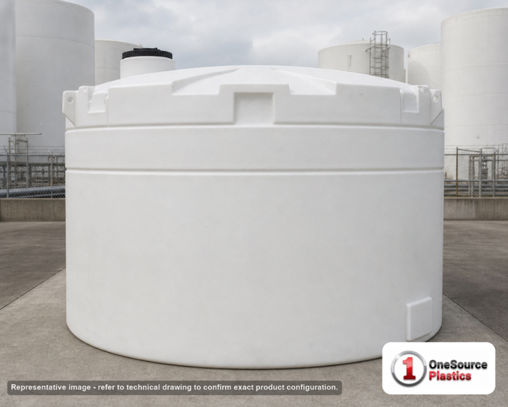 Snyder Industries 4600 Gallon ASTM XLPE Heavy Duty Vertical Storage Tank. Crosslinked Linear Polyethylene; Natural White; dimensions 116.0in H x 120.0in W x 120.0in L; 1450.0 lb empty; 1.9 specific gravity rating; fittings: 1 Manway / Lid; max temp 140 deg  F / 60 deg  C; 3 Year Warranty. Manufacturer part number 7000500n42. Manufactured by Snyder. Sold by OneSource Plastics (https://www.onesourceplastics.com).
