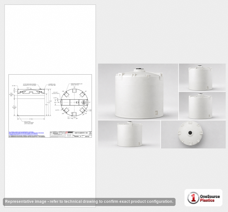 Dimensional spec drawing for Snyder 4600 Gallon Vertical Storage Tank (120" L x 120" W x 116" H)