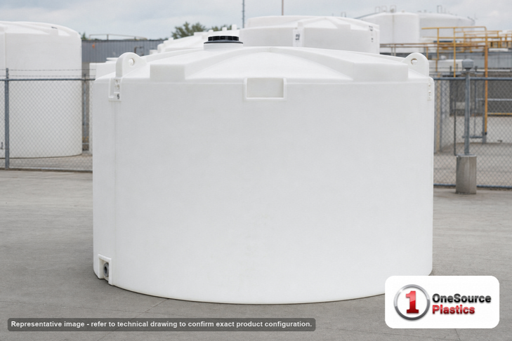 Snyder Industries 4600 Gallon ASTM XLPE Vertical Storage Tank. Crosslinked Linear Polyethylene; Natural White; dimensions 116.0in H x 120.0in W x 120.0in L; 1450.0 lb empty; 1.5 specific gravity rating; fittings: 1 Manway / Lid; max temp 140 deg  F / 60 deg  C; 3 Year Warranty. Manufacturer part number 7000500n40. Manufactured by Snyder. Sold by OneSource Plastics (https://www.onesourceplastics.com).