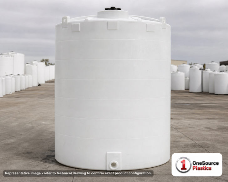 Snyder Industries 4400 Gallon ASTM XLPE Vertical Storage Tank. Crosslinked Linear Polyethylene; Natural White; dimensions 182.0in H x 90.0in W x 90.0in L; 1100.0 lb empty; 1.5 specific gravity rating; fittings: 1 Manway / Lid; max temp 140 deg  F / 60 deg  C; 3 Year Warranty. Manufacturer part number 5210000n40. Manufactured by Snyder. Sold by OneSource Plastics (https://www.onesourceplastics.com).