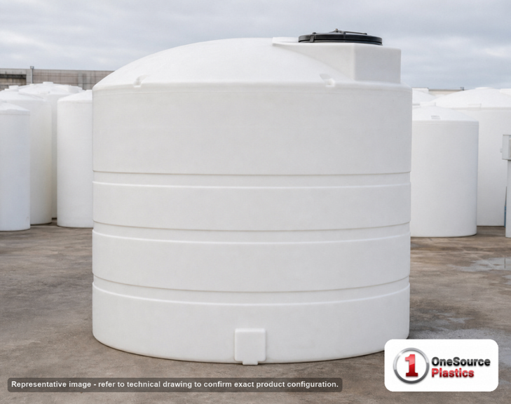 Snyder Industries 3650 Gallon ASTM XLPE Heavy Duty Vertical Storage Tank. Crosslinked Linear Polyethylene; Natural White; dimensions 126.0in H x 102.0in W x 102.0in L; 973.0 lb empty; 1.9 specific gravity rating; fittings: 1 Manway / Lid; max temp 140 deg  F / 60 deg  C; 3 Year Warranty. Manufacturer part number 8190000n42. Manufactured by Snyder. Sold by OneSource Plastics (https://www.onesourceplastics.com).