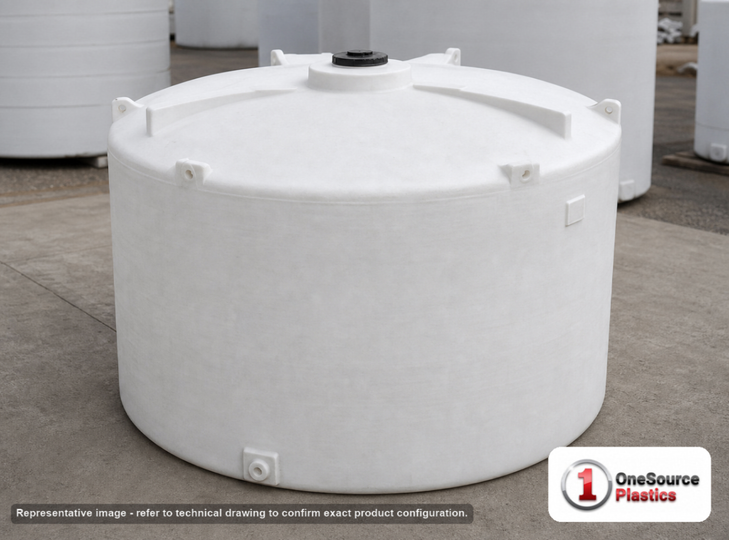 Snyder Industries 2500 Gallon ASTM XLPE Vertical Storage Tank. Crosslinked Linear Polyethylene; Natural White; dimensions 98.0in H x 96.0in W x 96.0in L; 510.0 lb empty; 1.5 specific gravity rating; fittings: 1 Manway / Lid; max temp 140 deg  F / 60 deg  C; 3 Year Warranty. Manufacturer part number 5090300n40. Manufactured by Snyder. Sold by OneSource Plastics (https://www.onesourceplastics.com).