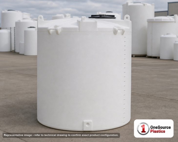 Snyder Industries 2500 Gallon ASTM XLPE Vertical Storage Tank. Crosslinked Linear Polyethylene; Natural White; dimensions 107.0in H x 90.0in W x 90.0in L; 450.0 lb empty; 1.5 specific gravity rating; fittings: 1 Manway / Lid; max temp 140 deg  F / 60 deg  C; 3 Year Warranty. Manufacturer part number 8140000n40. Manufactured by Snyder. Sold by OneSource Plastics (https://www.onesourceplastics.com).