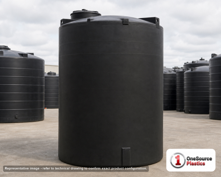 Snyder Industries 16500 Gallon ASTM Black Vertical Storage Tank. Polyethylene; Black; dimensions 257.0in H x 142.0in W x 142.0in L; 5100.0 lb empty; 1.5 specific gravity rating; fittings: 1 Manway / Lid; max temp 120 deg  F / 48 deg  C; 3 Year Warranty. Manufacturer part number 5380000n49. Manufactured by Snyder. Sold by OneSource Plastics (https://www.onesourceplastics.com).
