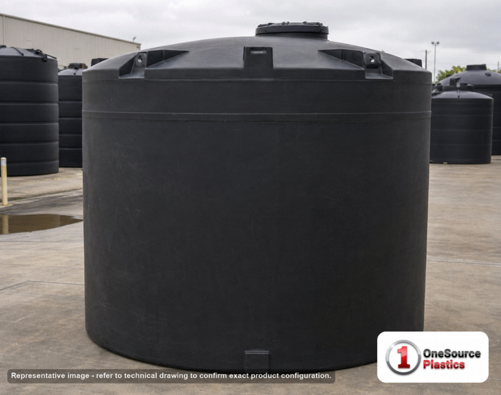Snyder Industries 10500 Gallon ASTM Black Vertical Storage Tank. Polyethylene; Black; dimensions 179.0in H x 143.0in W x 143.0in L; 2600.0 lb empty; 1.5 specific gravity rating; fittings: 1 Manway / Lid; max temp 120 deg  F / 48 deg  C; 3 Year Warranty. Manufacturer part number 5330300n49. Manufactured by Snyder. Sold by OneSource Plastics (https://www.onesourceplastics.com).