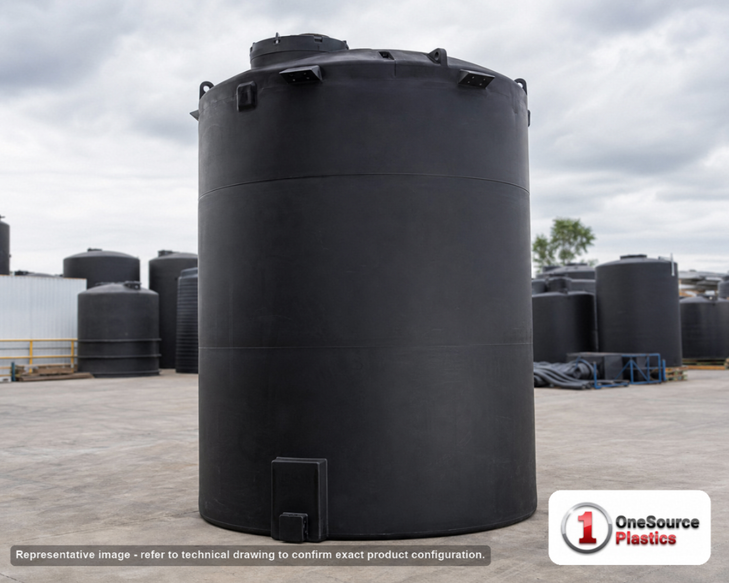Snyder Industries 9500 Gallon ASTM Black Heavy Duty Vertical Storage Tank. High Density Linear Polyethylene; Black; dimensions 215.0in H x 120.0in W x 120.0in L; 3600.0 lb empty; 1.9 specific gravity rating; fittings: 1 Manway / Lid; max temp 120 deg  F / 48 deg  C; 3 Year Warranty. Manufacturer part number 7450000n51. Manufactured by Snyder. Sold by OneSource Plastics (https://www.onesourceplastics.com).
